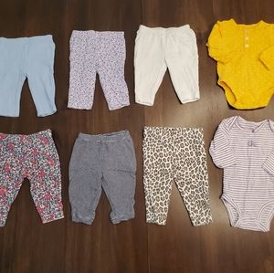 Bundle of 6 pairs of pants and 2 long sleeve onesies girl's size 0-3 Months
